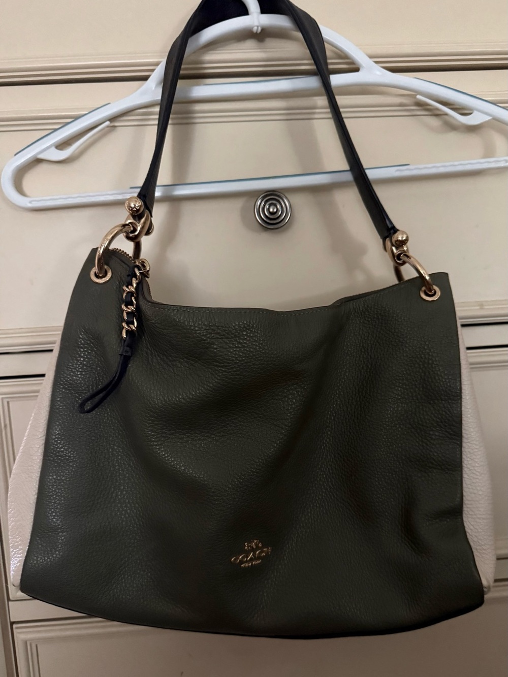 Coach New York Pebbled Leather Colorblock Tote Shoulder Bag Olive Green/ White